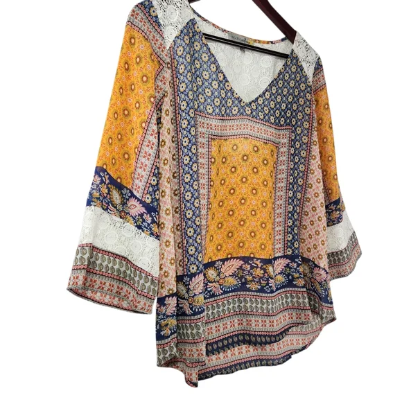Figueroa & Flower Boho Patchwork Lace Trim Blouse Small V-Neck Flowy Festival - Picture 6 of 16